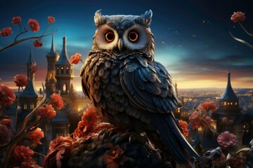 Captivating Professional Photo of an owl with beautiful feathers, a bright tail standing on a rooftop, and a stunning view of the city at the same time as the sun rises 