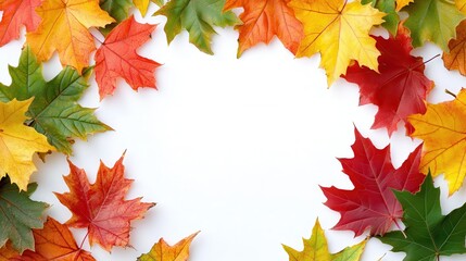 Fototapeta premium Colorful Autumn Leaves Frame on White Background - Vibrant Fall Foliage in Red, Orange, Yellow, and Green