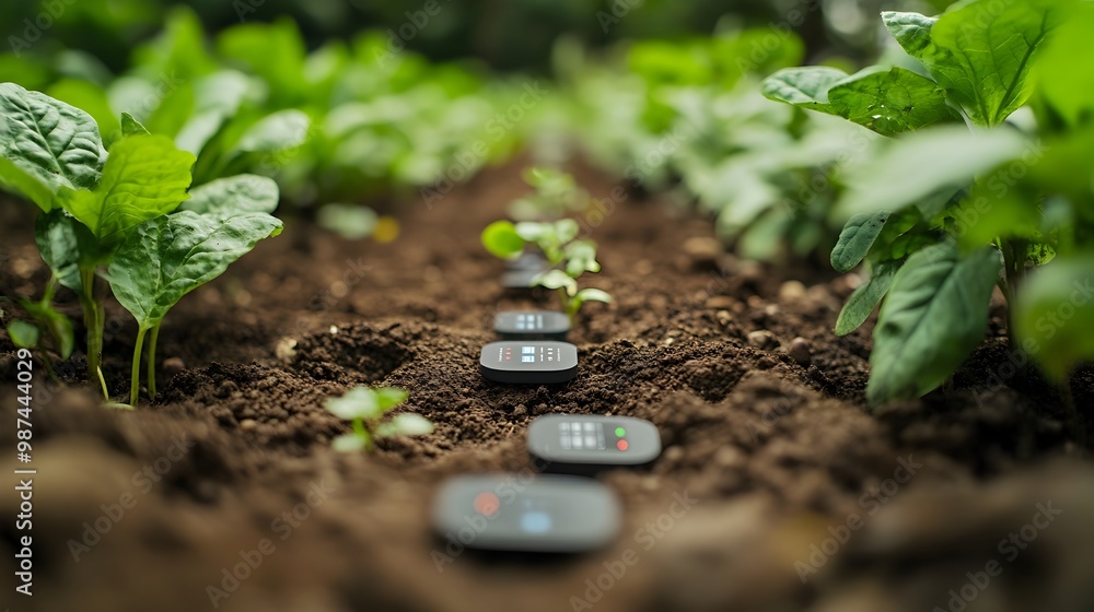 Poster soil sensors embedded in the field collecting data for optimal farming practices