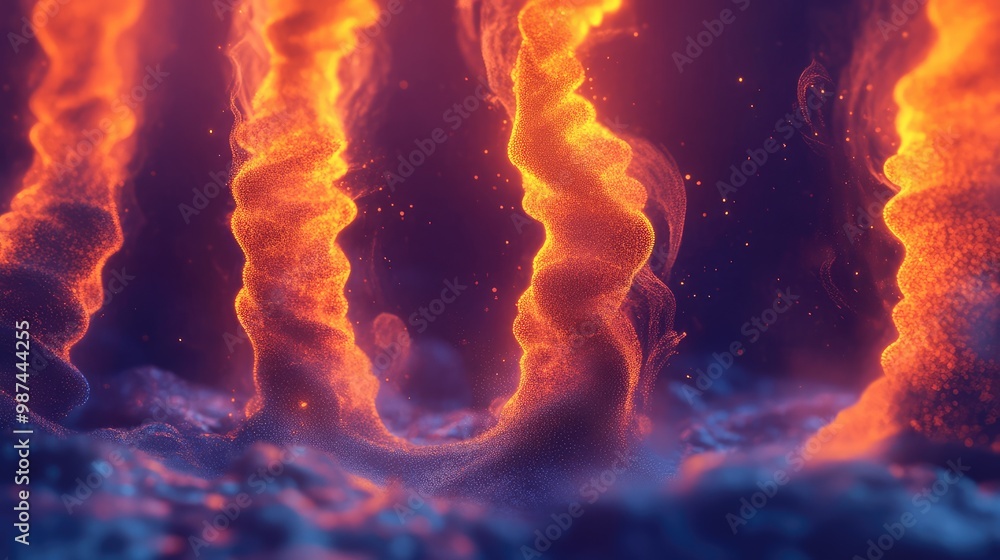 Poster twisting 3d columns of abstract fire rising from the ground, glowing with intense light and heat.