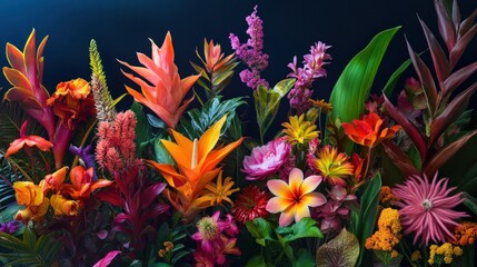 A collection of tropical flowers in a vibrant garden, showcasing exotic blooms in rich colors and unique shapes