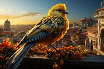 Captivating professional photo of a local canary with beautiful feathers, bright tail standing on a roof, and stunning views of the city at the same time as the sun rises 
