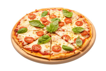 Italian style pizza Isolated pieces on a white background It clearly shows oozing cheese, fresh tomatoes, and basil.