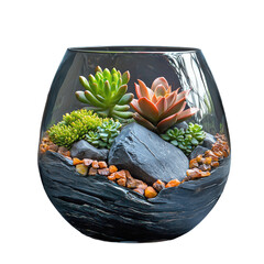 Beautiful succulent terrarium arrangement in a glass bowl on a transparent background, featuring colorful stones and lush greenery, ideal for home decor and indoor plant enthusiasts