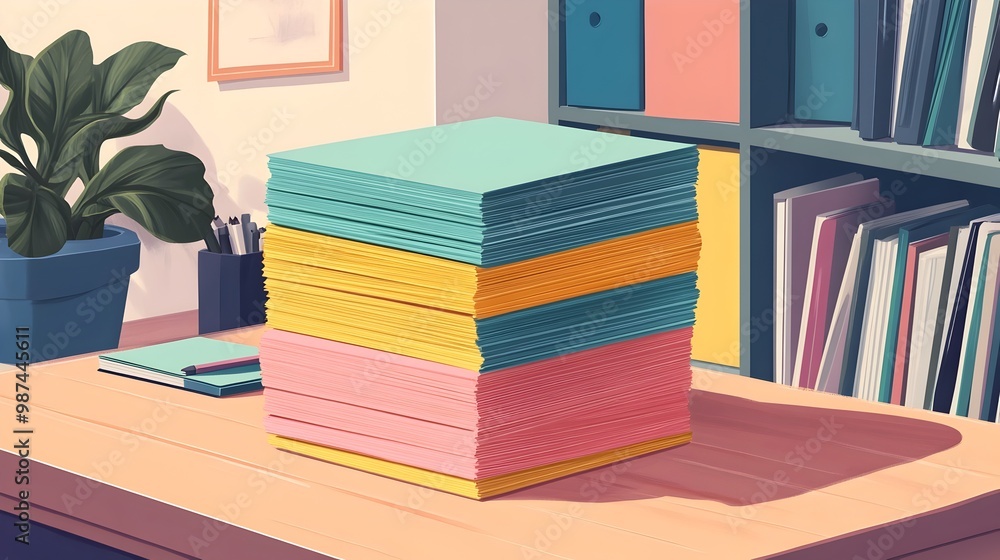 Poster stacked index cards in a vibrant minimalist desk setting