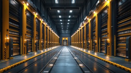 Fototapeta premium Futuristic Warehouse Interior With Automated Storage Systems