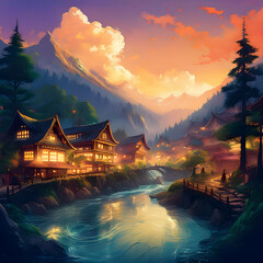 Obraz premium Mountain and sunset painting 