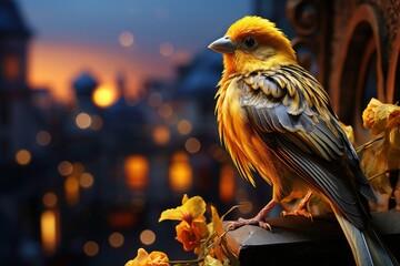 Captivating professional photo of a local canary with beautiful feathers, bright tail standing on a roof, and stunning views of the city at the same time as the sun rises 