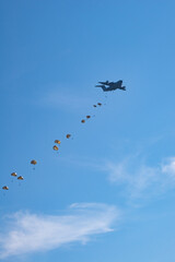 an airforce plane dropping a large amount of paratroopers above the heath in Ede