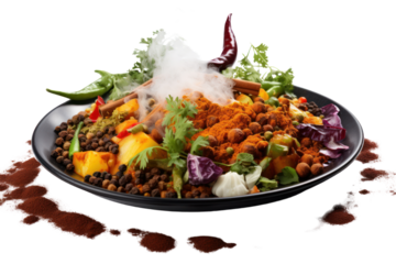 Indian curry with various Indian spices. On a white background, showing hot smoke