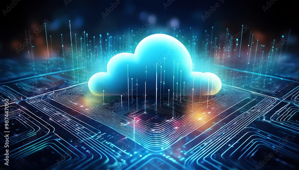 Poster a digital cloud icon above a circuit board, illustrating concepts of cloud computing, technology, an