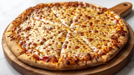 Classic cheese pizza with a crispy golden crust, artfully arranged on a wooden plate against a bright white background
