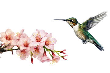 Fototapeta premium Hummingbird Sucking nectar from flowers on a white background