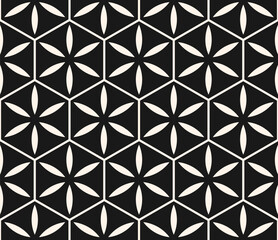 Simple vector black and white seamless pattern. Abstract floral geometric ornament. Monochrome background with flower silhouettes, leaves, lines, hexagonal grid, lattice. Dark repeated geo design