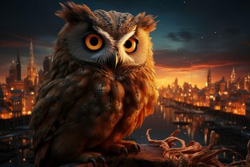 Captivating Professional Photo of an owl with beautiful feathers, a bright tail standing on a rooftop, and a stunning view of the city at the same time as the sun rises 