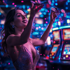 Woman in a glamorous dress tossing poker chips in a neon-lit casino