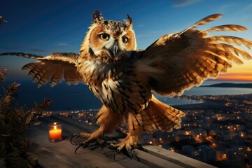 Captivating Professional Photo of an owl with beautiful feathers, a bright tail standing on a rooftop, and a stunning view of the city at the same time as the sun rises 