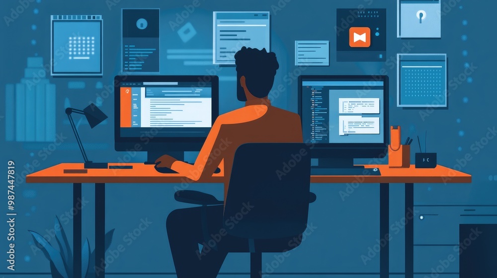 Poster remote worker ensuring privacy by using a secure vpn and encryption software while working from home