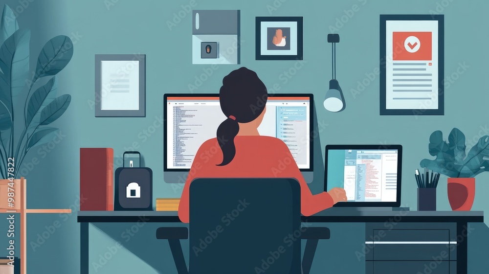 Poster remote worker ensuring privacy by using a secure vpn and encryption software while working from home