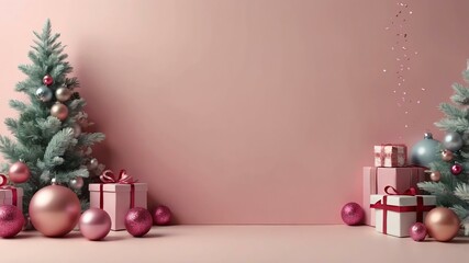 Christmas decoration border in pastel pink background