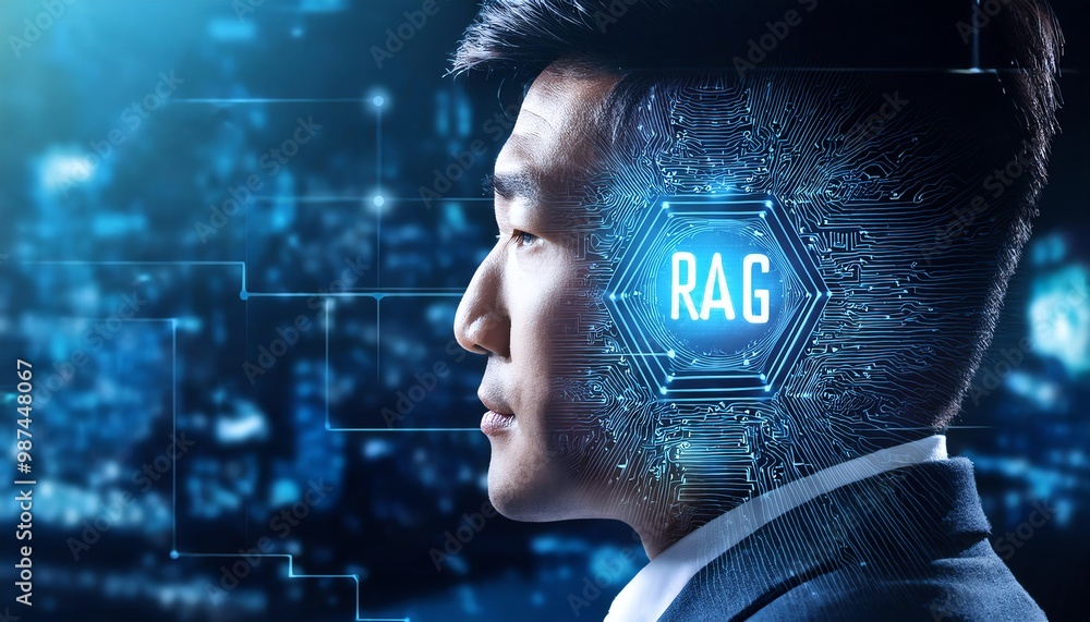 Poster a profile of a man with a circuitry design blending with digital elements, featuring the text 