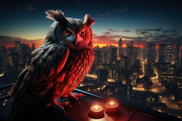 Captivating Professional Photo of an owl with beautiful feathers, a bright tail standing on a rooftop, and a stunning view of the city at the same time as the sun rises 