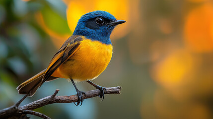 Fototapeta premium A small, brightly colored bird perches on a branch.