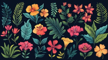 Collection of hand-drawn spring blossoms and leaves, ideal for decor and clipart, with a clean white background