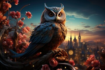 Captivating Professional Photo of an owl with beautiful feathers, a bright tail standing on a rooftop, and a stunning view of the city at the same time as the sun rises 