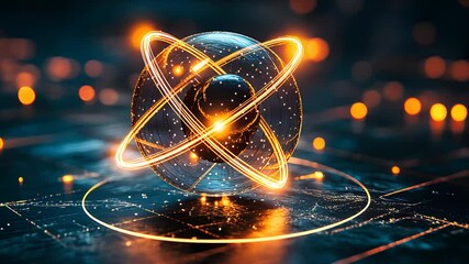 Glowing atomic structure with orange energy rings, representing quantum mechanics, molecular science, particle physics, and futuristic technology.

