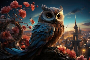 Captivating Professional Photo of an owl with beautiful feathers, a bright tail standing on a rooftop, and a stunning view of the city at the same time as the sun rises 