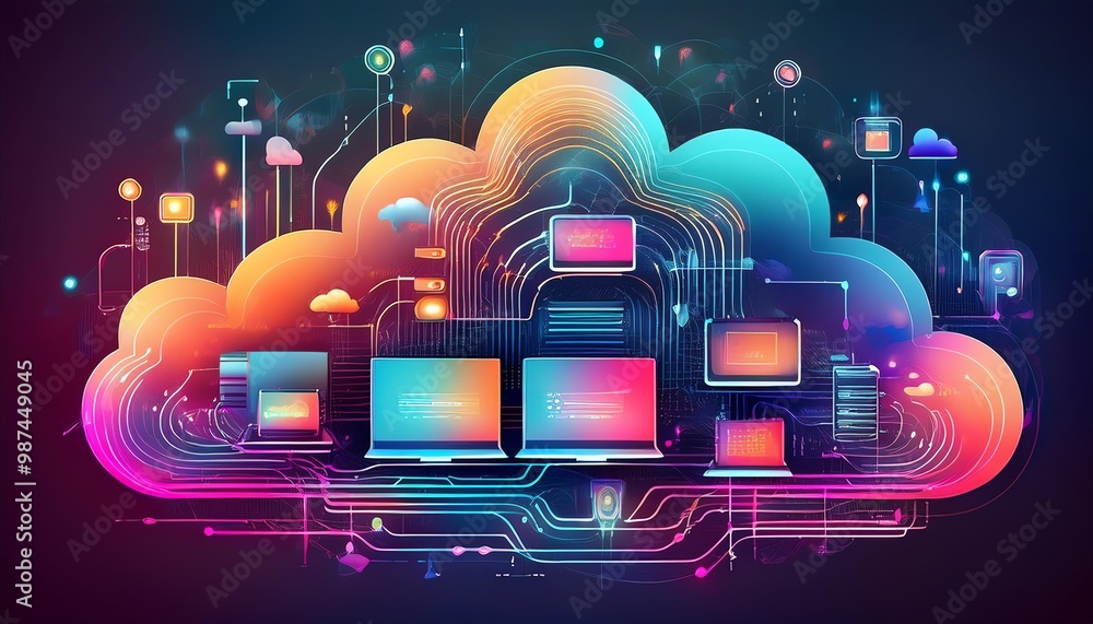 Poster a vibrant illustration of a cloud computing concept featuring connected devices, symbols, and digita
