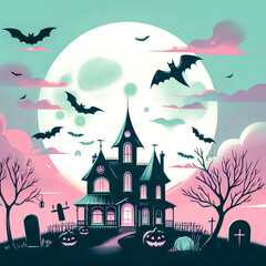 Halloween theme. Haunted house on a hill with moon and bats