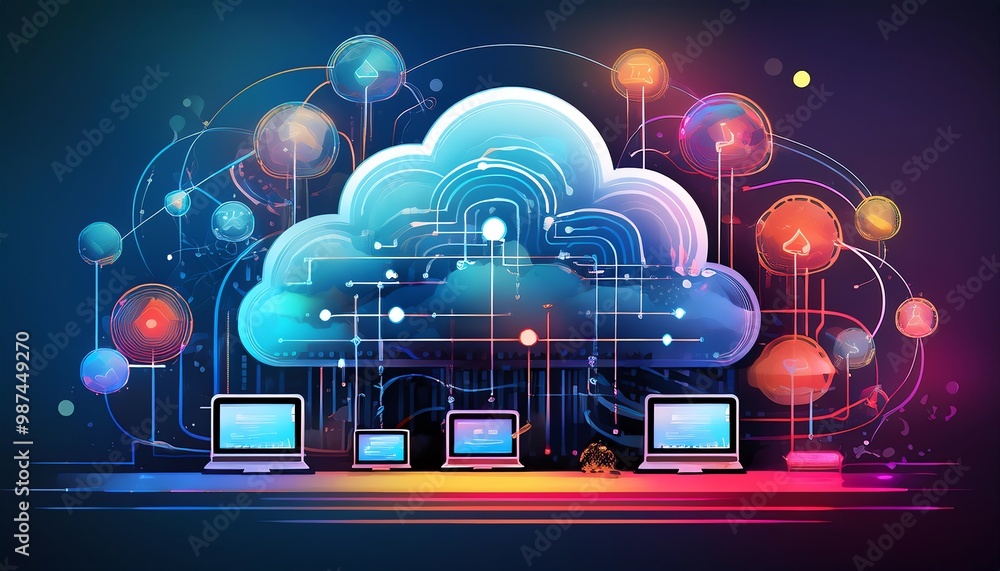 Poster a vibrant digital illustration of cloud computing, featuring interconnected devices and abstract dat