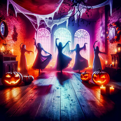 Ghostly figures and ghosts gracefully dance in a large ballroom. Halloween time