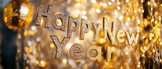 A close-up of a sparkling gold "Happy New Year" banner hanging on a wall at a party