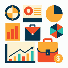 Flat color vector set of business and finance icons featuring graphs, charts, and briefcases.