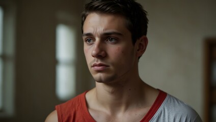 Young man with a red inflamed shoulder looking uneasy.