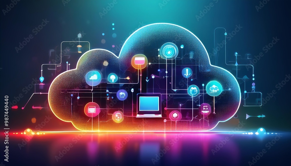 Poster A vibrant, digital cloud symbolizing cloud computing, interconnected devices, and data transfer, illuminated with colorful icons and glowing pathways.