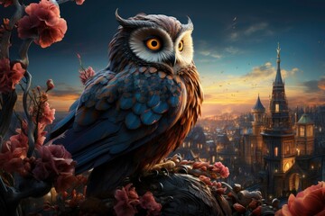 Captivating Professional Photo of an owl with beautiful feathers, a bright tail standing on a rooftop, and a stunning view of the city at the same time as the sun rises 