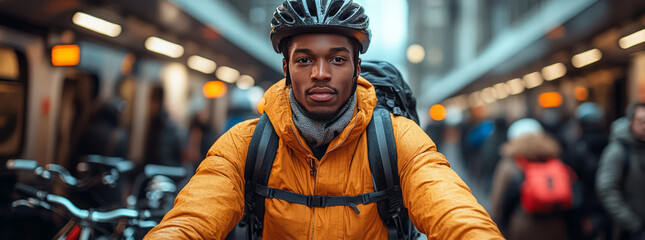 a young man in business outfit at a busy train station platform about to board the train holding a bike, he wears a bike helmet