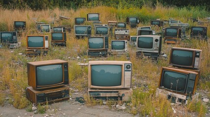 Rusty, discarded TVs in an old dump, symbolizing the wasteful side of consumer electronics.