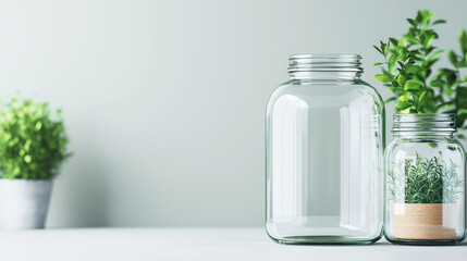 Two glass jars with greenery on a minimalist table against a soft green background.