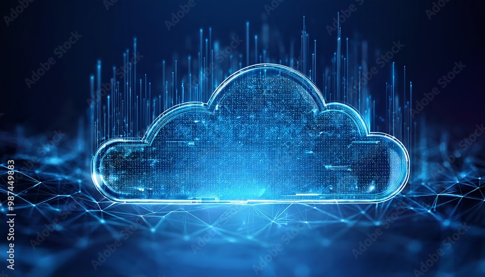 Poster a glowing cloud symbol surrounded by digital data, representing cloud computing and technology in a 