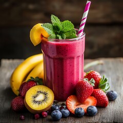 Healthy smoothie with fresh fruit on a wooden table