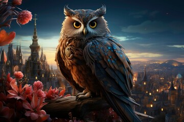 Captivating Professional Photo of an owl with beautiful feathers, a bright tail standing on a rooftop, and a stunning view of the city at the same time as the sun rises 