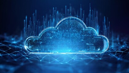A glowing cloud symbol surrounded by digital data, representing cloud computing and technology in a futuristic setting.