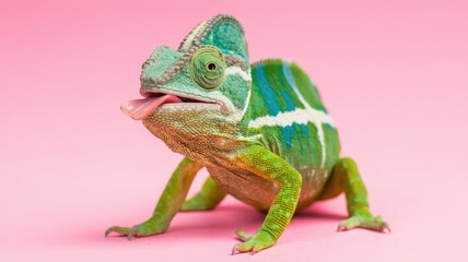 Fototapeta premium Chameleon on pink background 
