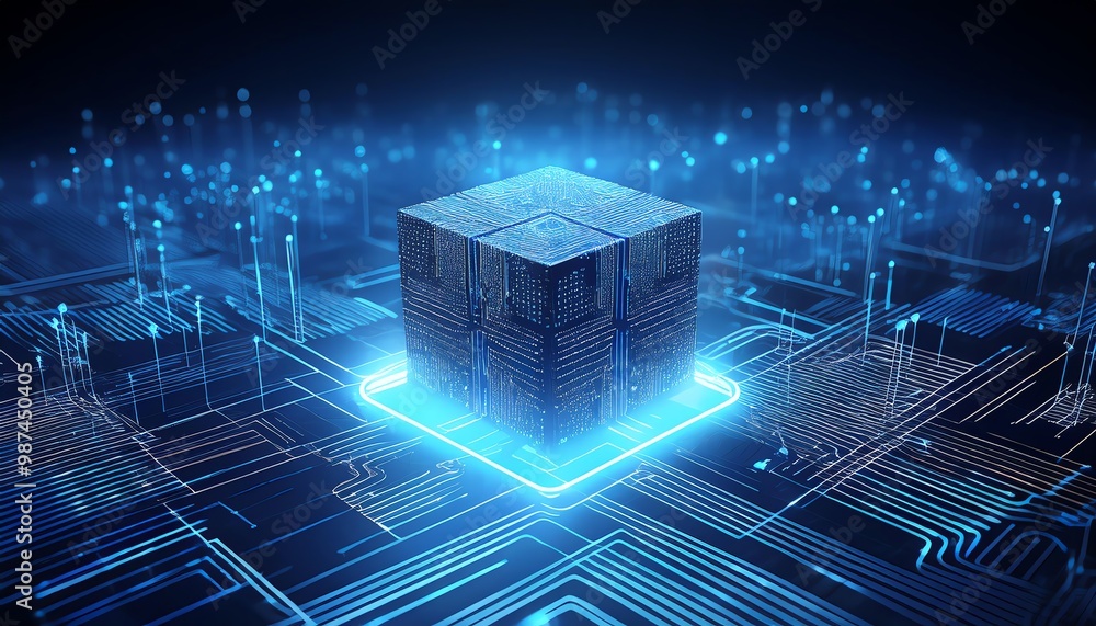 Poster a glowing, futuristic microchip sits at the center of a digital landscape, surrounded by intricate c
