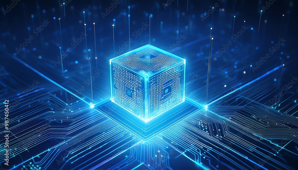 Poster a glowing blue cube surrounded by digital circuits and data streams, representing advanced technolog